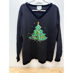 The Quacker Factory Holiday Christmas Tree Sweater XL Black Beaded Vintage #42